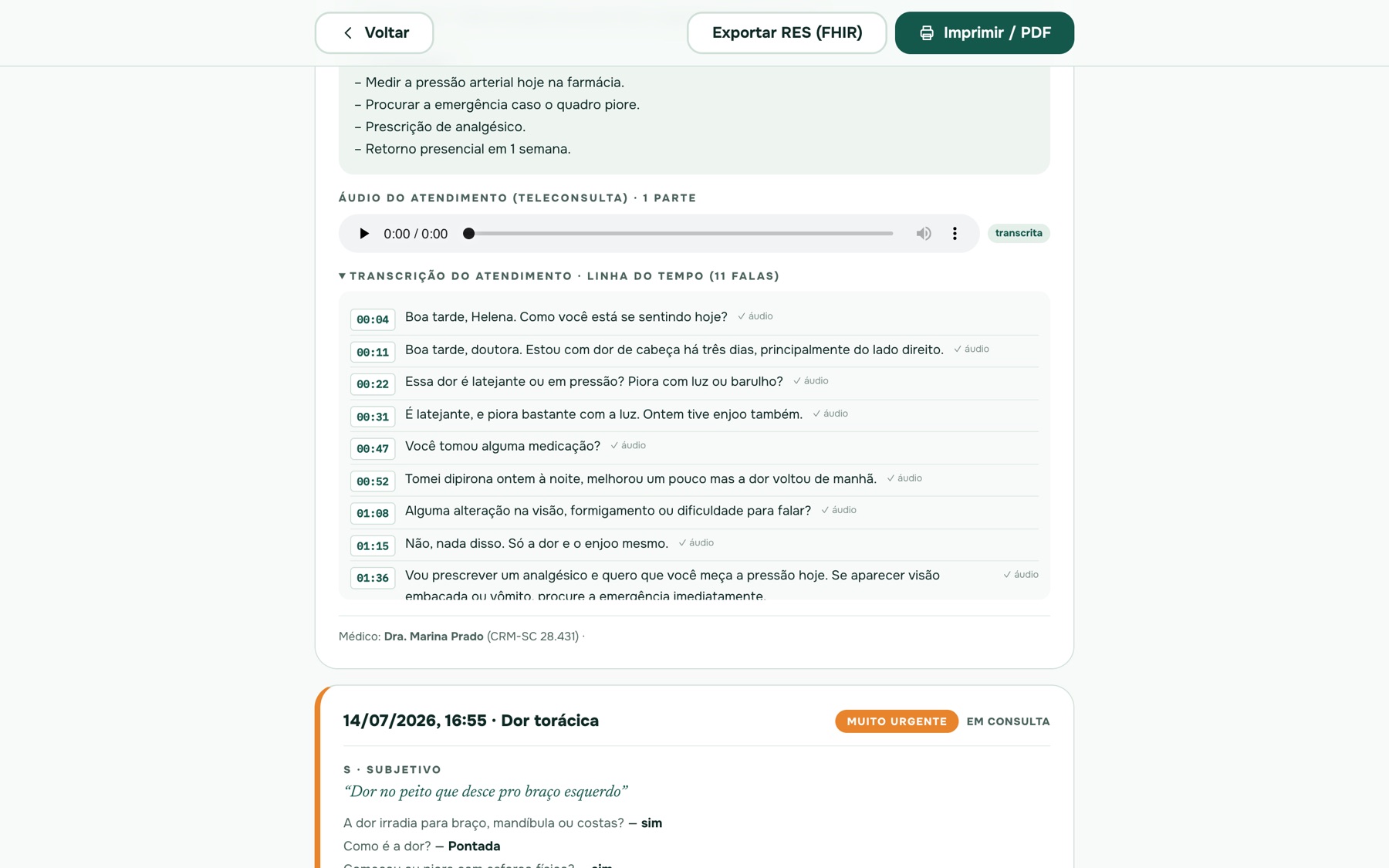 Linha do tempo da transcrição no prontuário